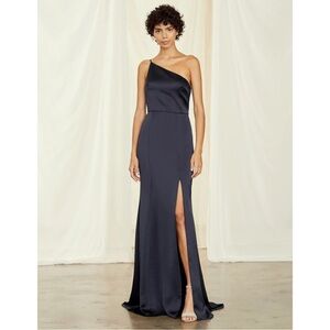 AMSALE Kaia Dress - Navy Blue One Shoulder Bridesmaid Maxi Dress Gown sz 4
